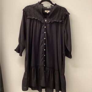 Elan Black 3/4 Sleeve Button-Down Ruffled Dress with Pockets